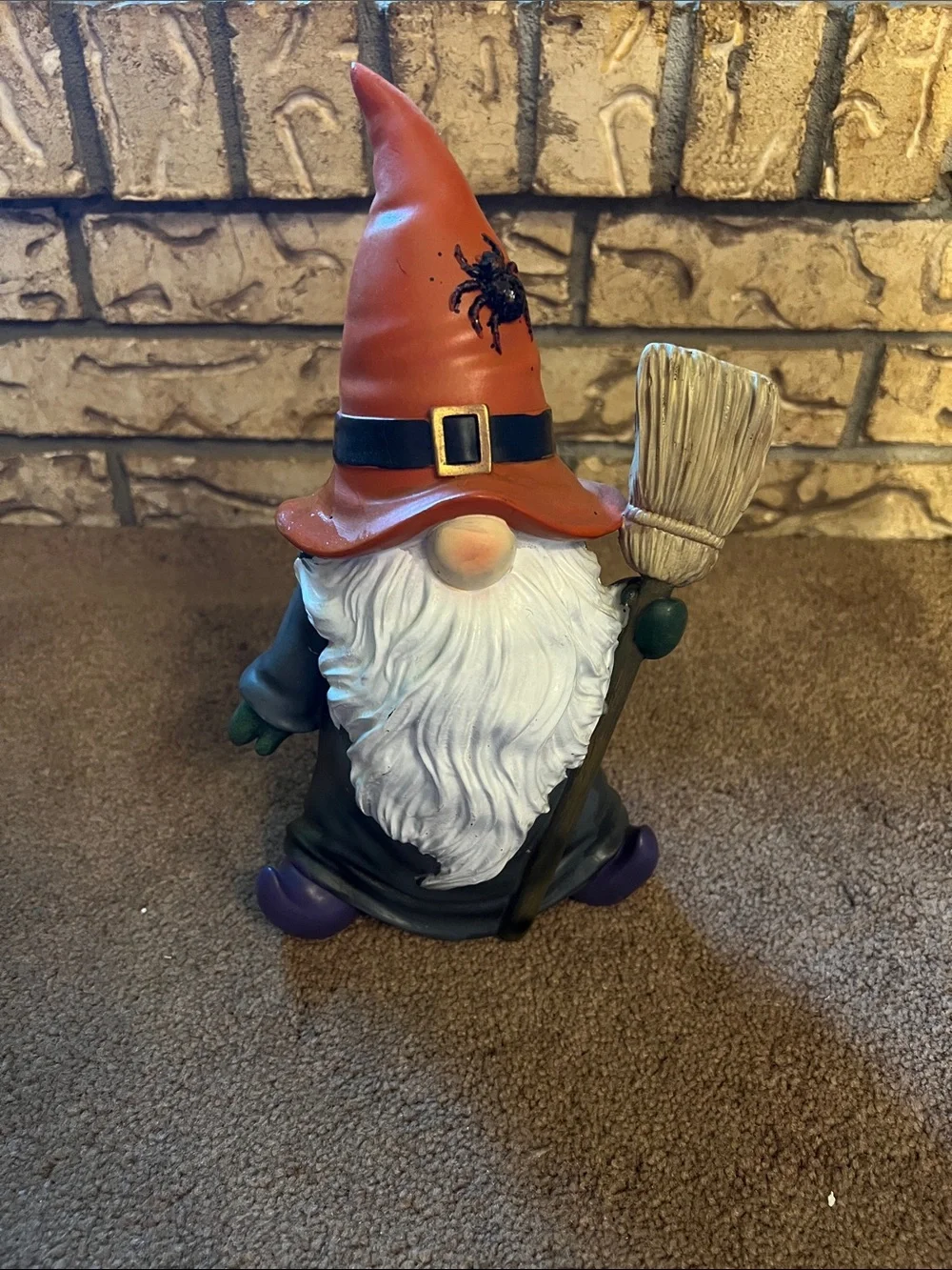 Halloween Orange Hat Gnome Figurine with Broom